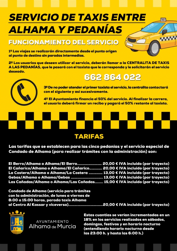 Servicio de taxis entre Alhama y pedanas