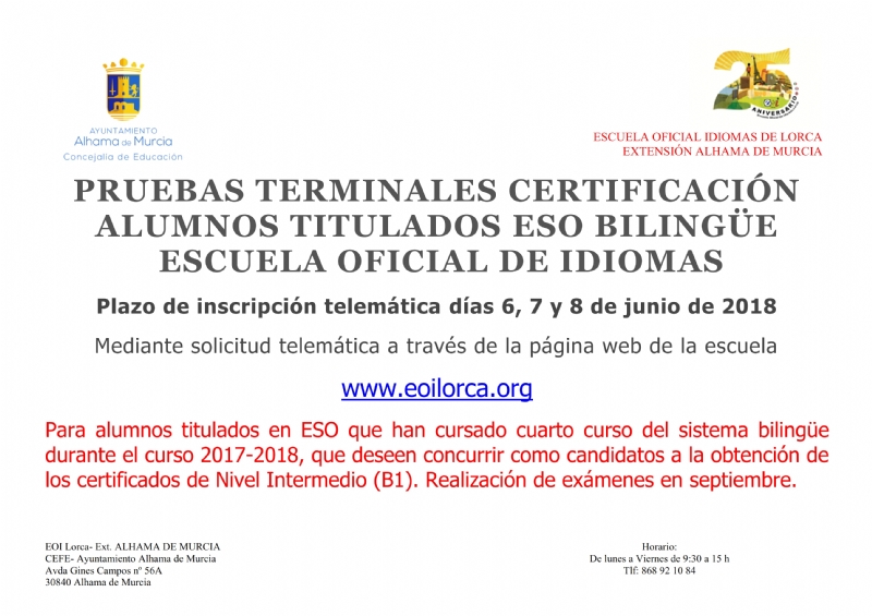 Pruebas de certificación de la Escuela Oficial de Idiomas para alumnos de ESO bilingüe