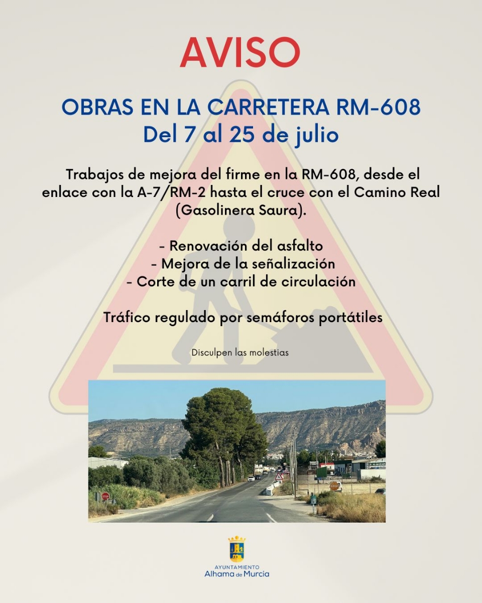 Inicio obras de mejora en la carretera RM-608 a partir del lunes 7 de julio Inicio obras de mejora en la carretera RM-608 a partir del lunes 7 de julio