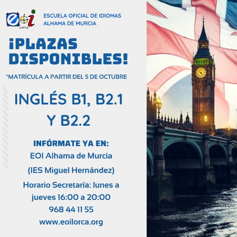 ltimas plazas para estudiar ingls en la Escuela Oficial de Idiomas de Alhama de Murcia