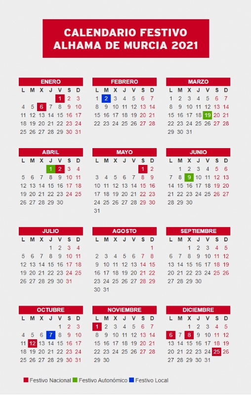 Calendario festivo para 2021 en Alhama de Murcia