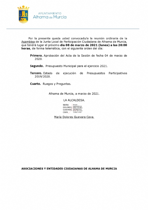 Convocatoria de la Junta Local de Participación Ciudadana: 8 de marzo de 2021