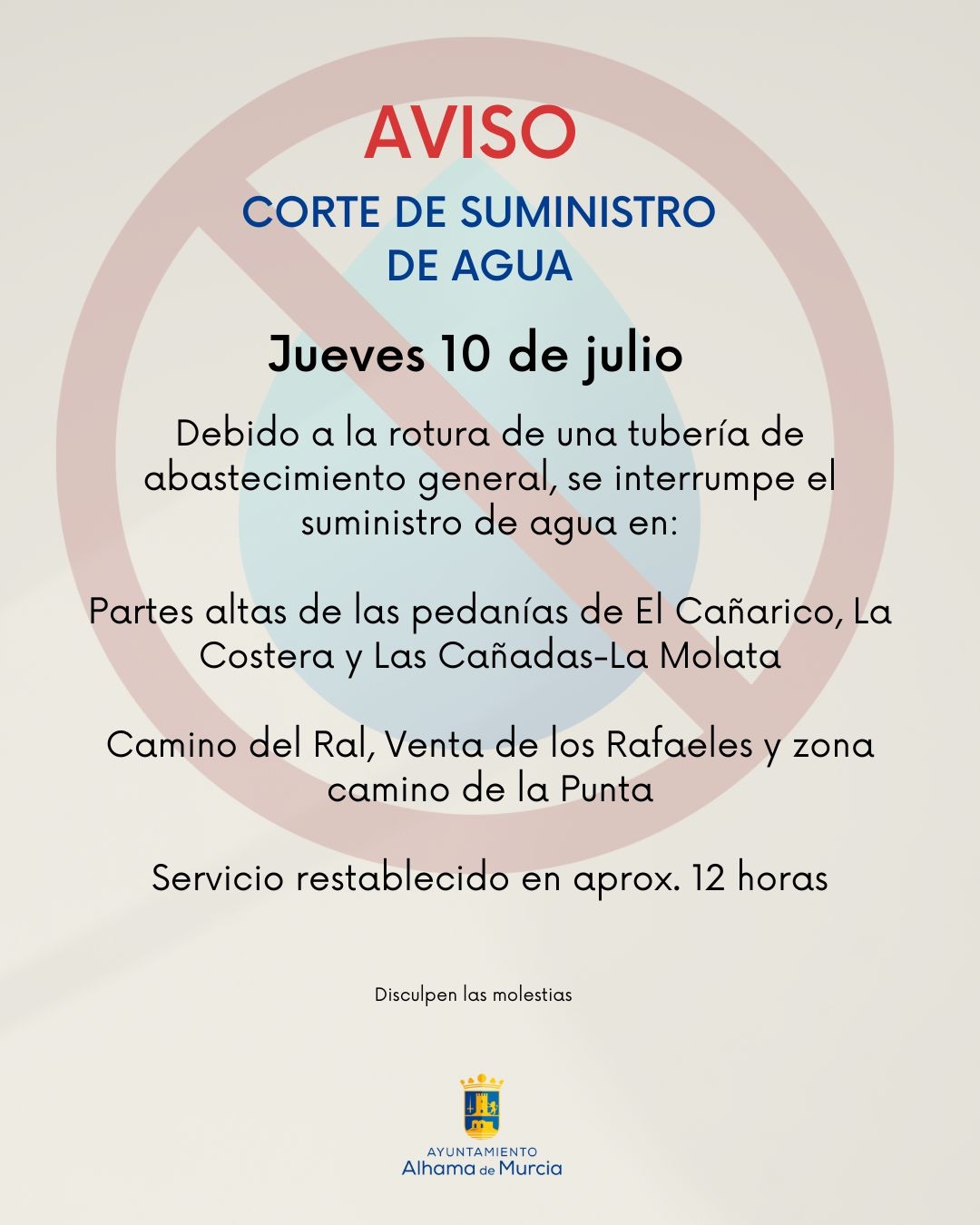 Corte temporal de suministro de agua por rotura en tubería de abastecimiento general