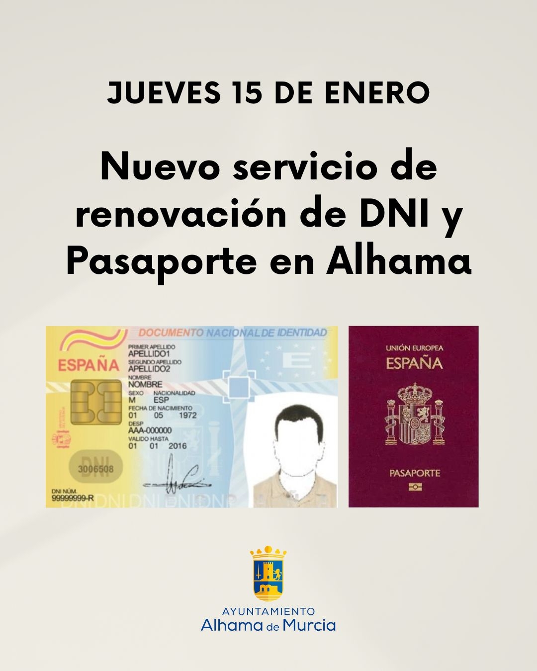 Nuevo servicio de renovación de DNI y Pasaporte en Alhama el jueves 15 de enero de 2026