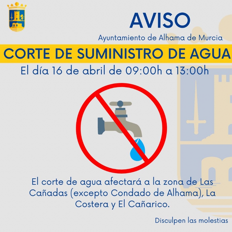 AVISO: corte de suministro de agua este prximo martes 16 de abril de 9:00 h a 13:00 h