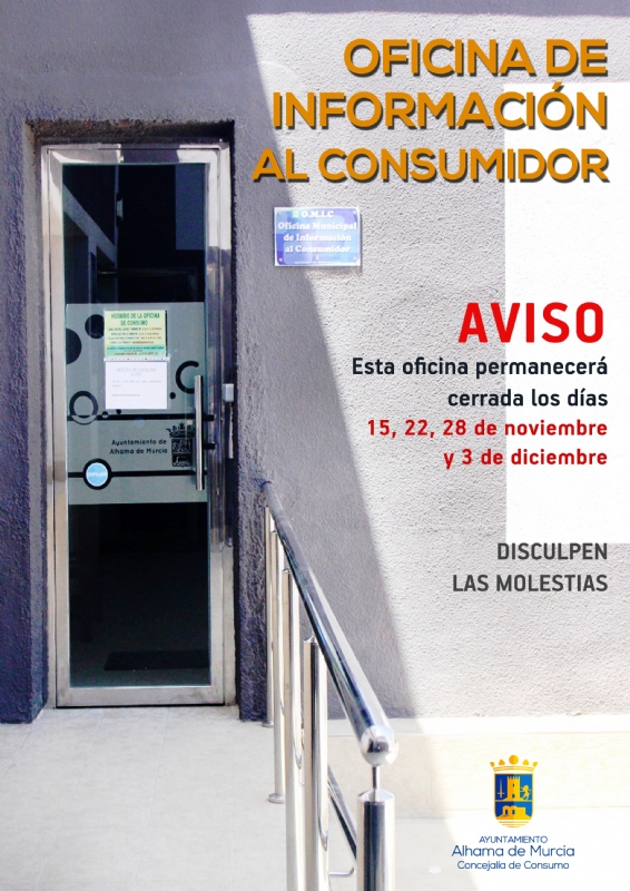 La Oficina de Atencin al Consumidor cerrar los das 15, 22, 28 de noviembre y 3 de diciembre