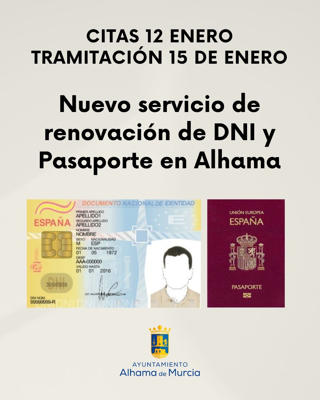 Nuevo servicio de renovación de DNI y Pasaporte en Alhama el jueves 15 de enero de 2026