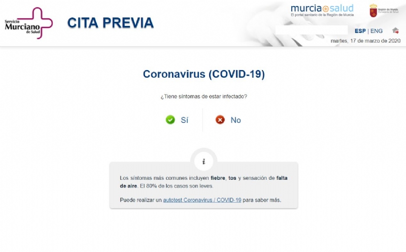 El Servicio Murciano de Salud habilita una aplicacin para detectar posibles casos de COVID-19