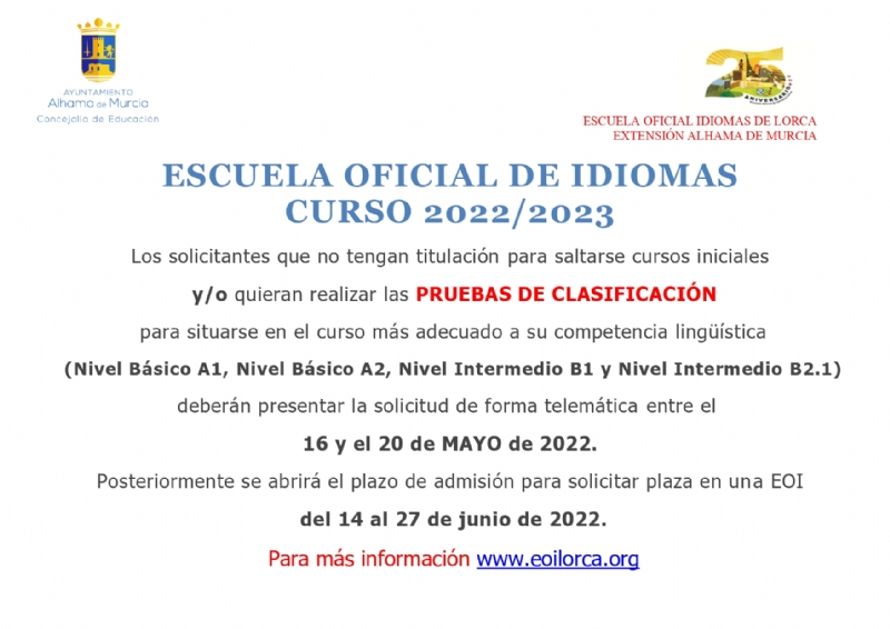 Admisin y matriculacin en Escuelas Oficiales de Idiomas de la Regin de Murcia 2022-2023