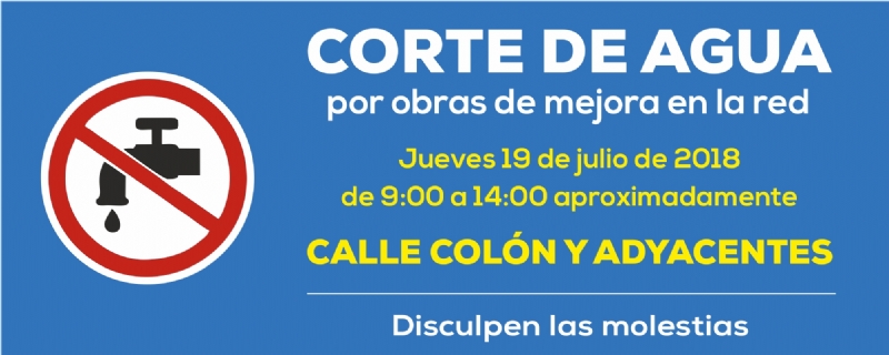 AVISO: corte de agua en calle Colón y adyacentes | jueves 19 julio de 8:00 a 14:00