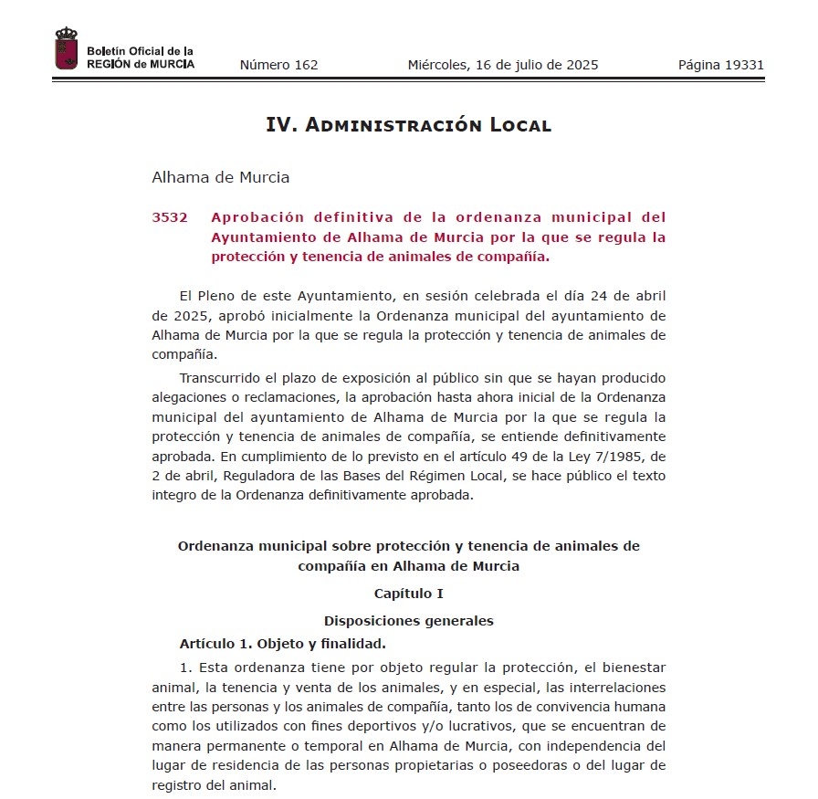 Aprobación de la nueva ordenanza de Protección y Tenencia de Animales de Compañía