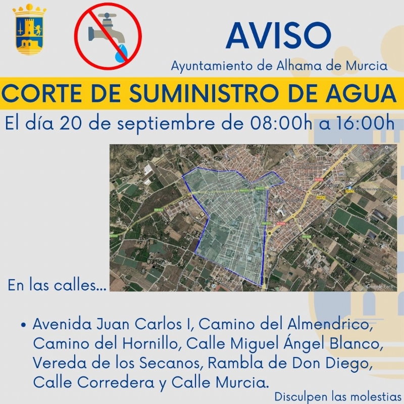AVISO: corte de suministro de agua este miércoles 20 de septiembre de 8:00  h a 16:00 h