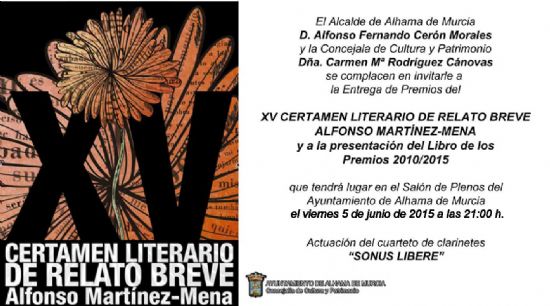 Se pospone la entrega de premios del XV Certamen Literario de Relato Breve Alfonso Martnez Mena al 5 de junio