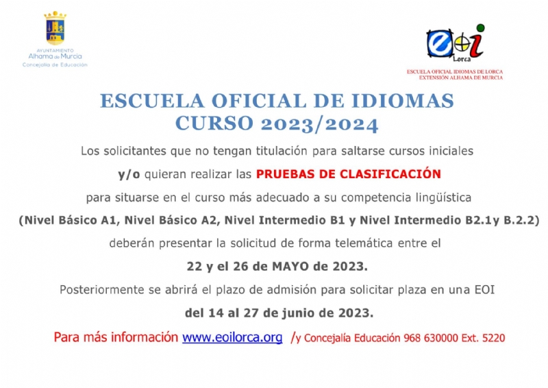 Abierto el plazo de admisin y matriculacin en Escuelas Oficiales de Idiomas de la Regin de Murcia 2023-2024