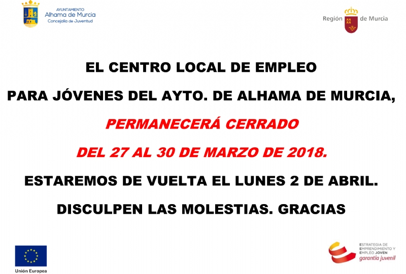 El Centro Local de Empleo para Jvenes permanecer cerrado del 27 al 30 de marzo