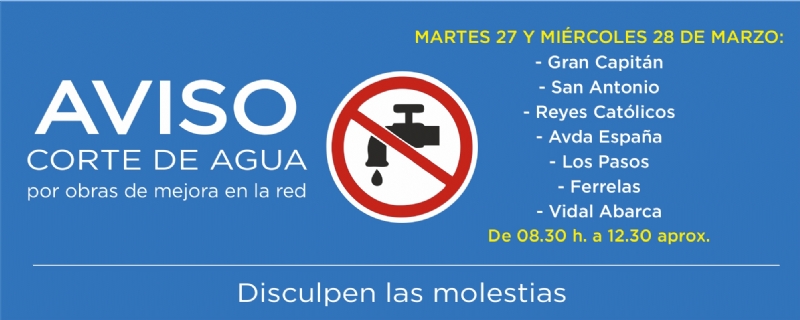 AVISO: corte de agua martes 27 y miércoles 28 en zona Avda. de España