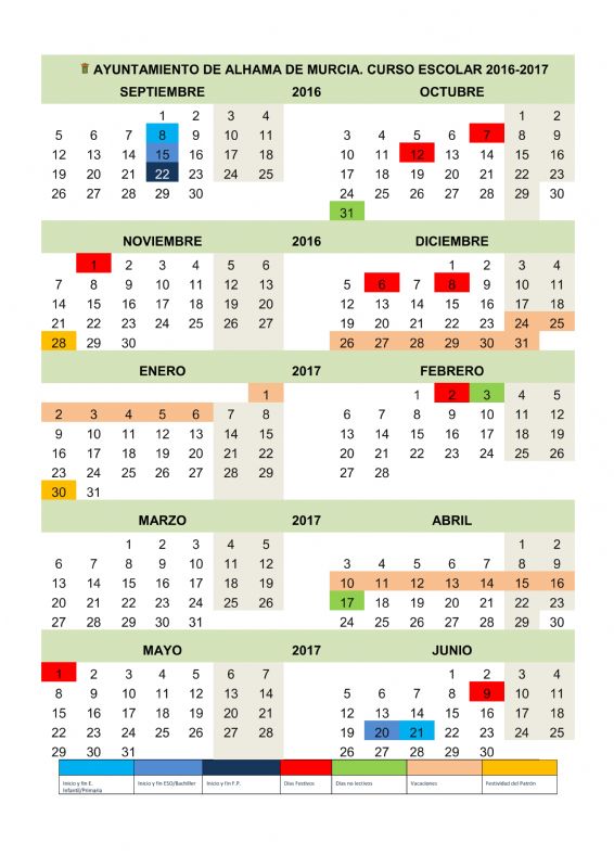 Calendario escolar en Alhama de Murcia 2016-2017