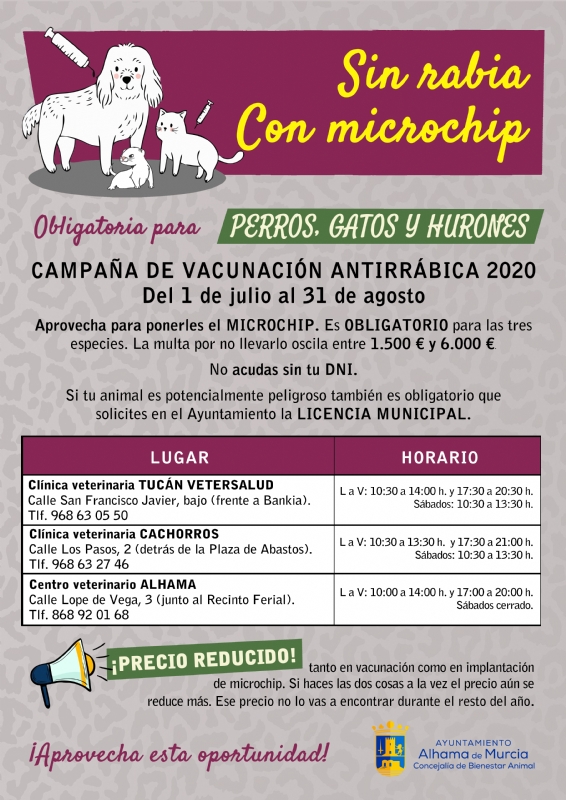 Campaña de vacunación antirrábica y microchip 2020. Del 1 de julio al 31 de agosto