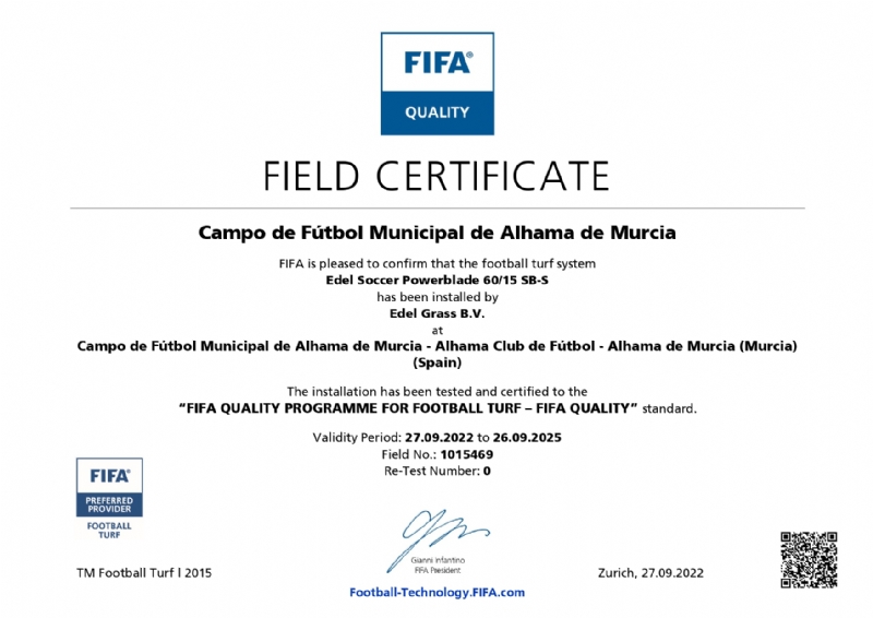 El campo Jos Kubala logra el certificado de calidad FIFA QUALITY