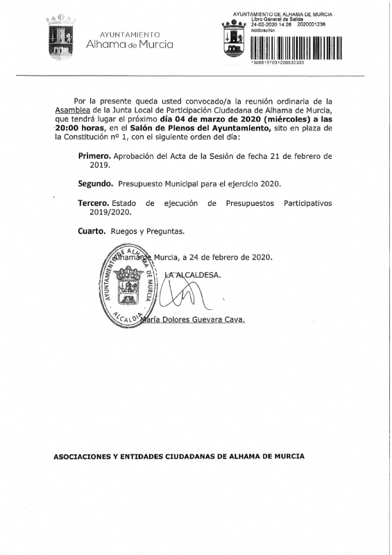 Convocatoria de la Junta Local de Participación Ciudadana: 4 de marzo de 2020