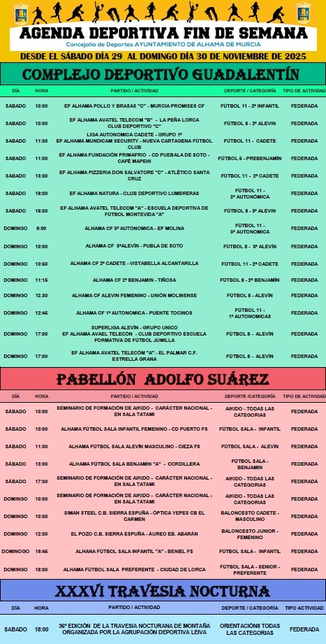 Agenda deportiva desde el 29 al 30 de noviembre
