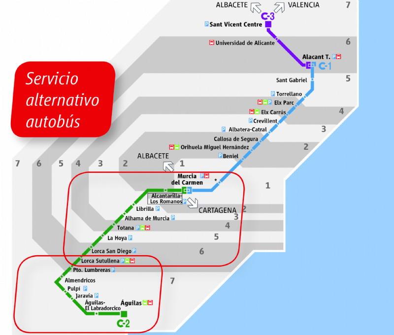 Horarios del servicio alternativo de autobús línea Murcia-Águilas por las obras de ADIF