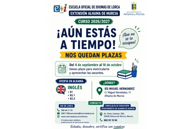 Abierto el plazo para matricularse en las plazas sobrantes de la Extensión de la Escuela Oficial de Idiomas en Alhama Abierto el plazo para matricularse en las plazas sobrantes de la Extensión de la Escuela Oficial de Idiomas en Alhama