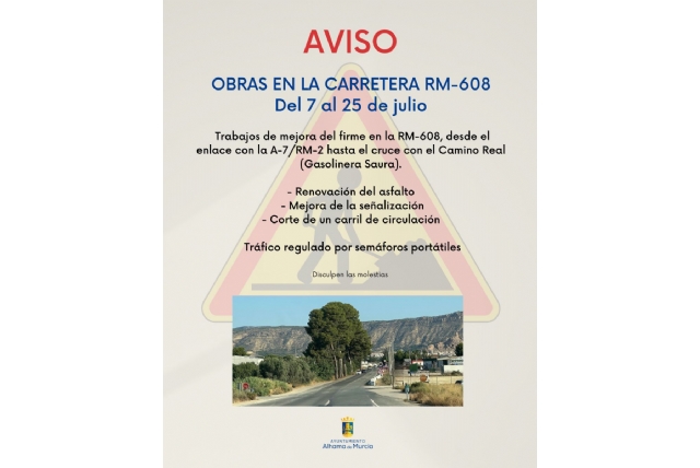 Inicio obras de mejora en la carretera RM-608 a partir del lunes 7 de julio