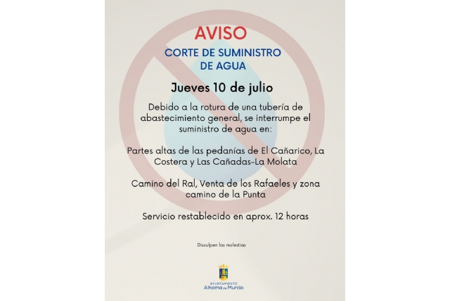 Corte temporal de suministro de agua por rotura en tubería de abastecimiento general