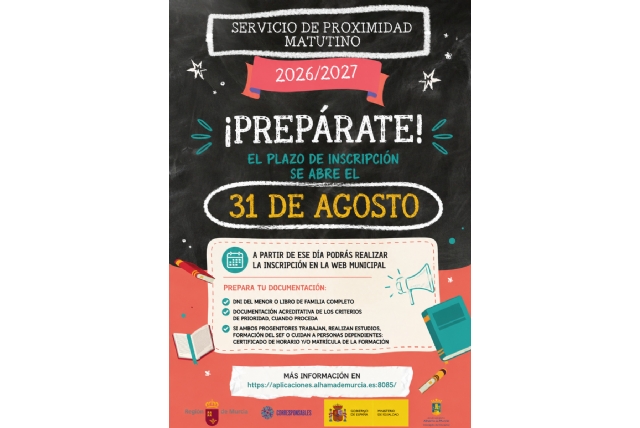 El Ayuntamiento informa de la próxima apertura del plazo de inscripción para el Servicio Municipal de Proximidad Matutino 2026-2027