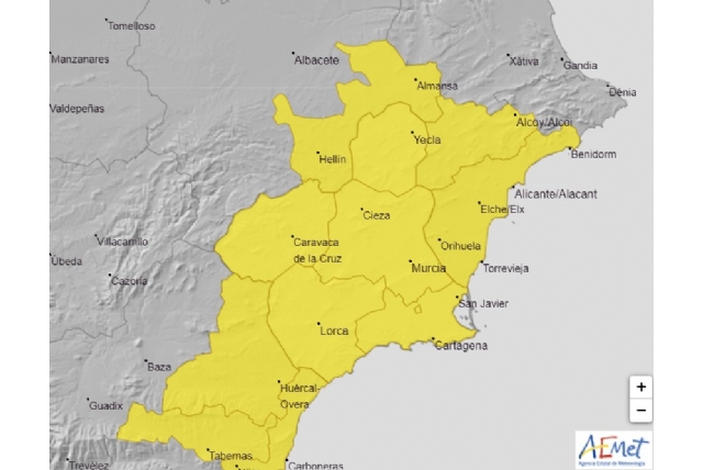 AEMET emite aviso de nivel amarillo por lluvias y tormentas en la Región de Murcia