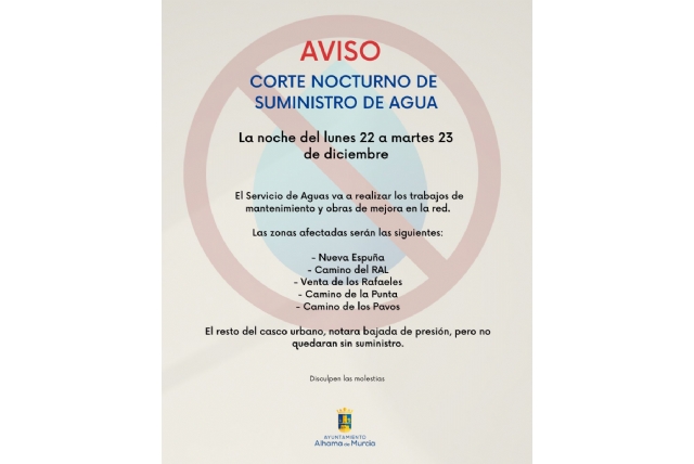 Corte nocturno de suministro de agua por labores de mantenimiento