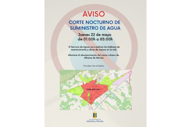 AVISO: Corte nocturno en el suministro de agua en el casco urbano de Alhama de Murcia