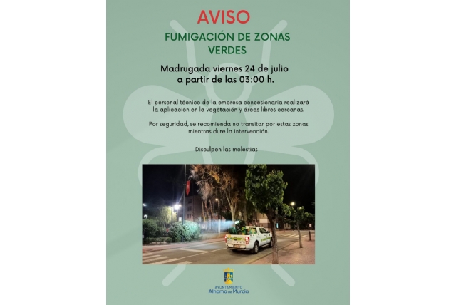 Aviso a la población por una fumigación contra los mosquitos durante la madrugada del viernes 24 de julio