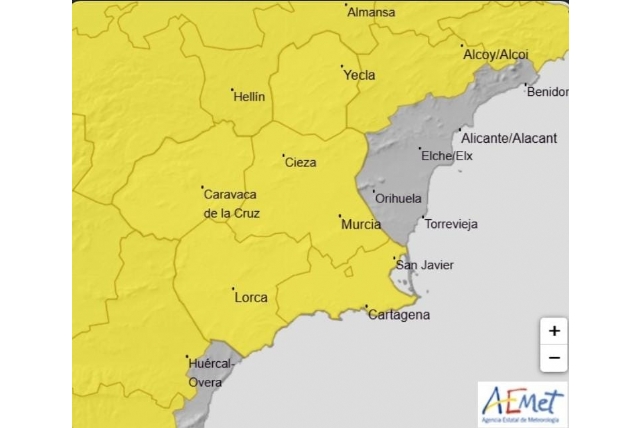 AEMET emite aviso de nivel amarillo por lluvias y tormentas en la Región de Murcia