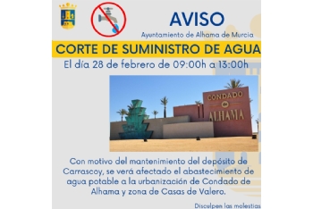 AVISO: corte de suministro de agua el miércoles 28 de febrero de 9:00 h a 13:00 h en Condado de Alhama
