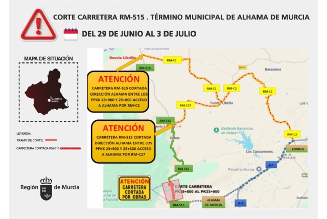 La Comunidad Autónoma cortará al tráfico un tramo de la RM-515 en El Berro del 29 de junio al 3 de julio por trabajos de poda y saneo del arbolado