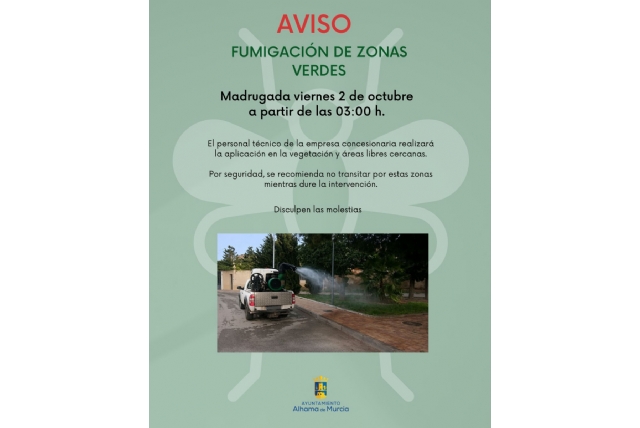 Aviso a la población por una fumigación contra los mosquitos durante la madrugada del viernes 2 de octubre