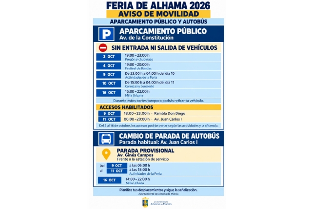 Cambios en el acceso al aparcamiento público y en la parada de autobús durante las fiestas patronales de Alhama